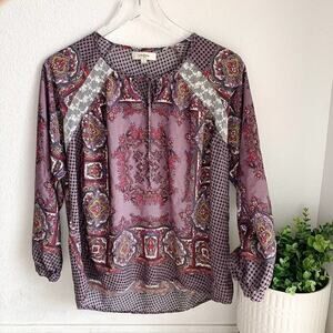 Umgee Blouse 3/4 Sleeve Purple Lace Paisley Houndstooth Blouse Small